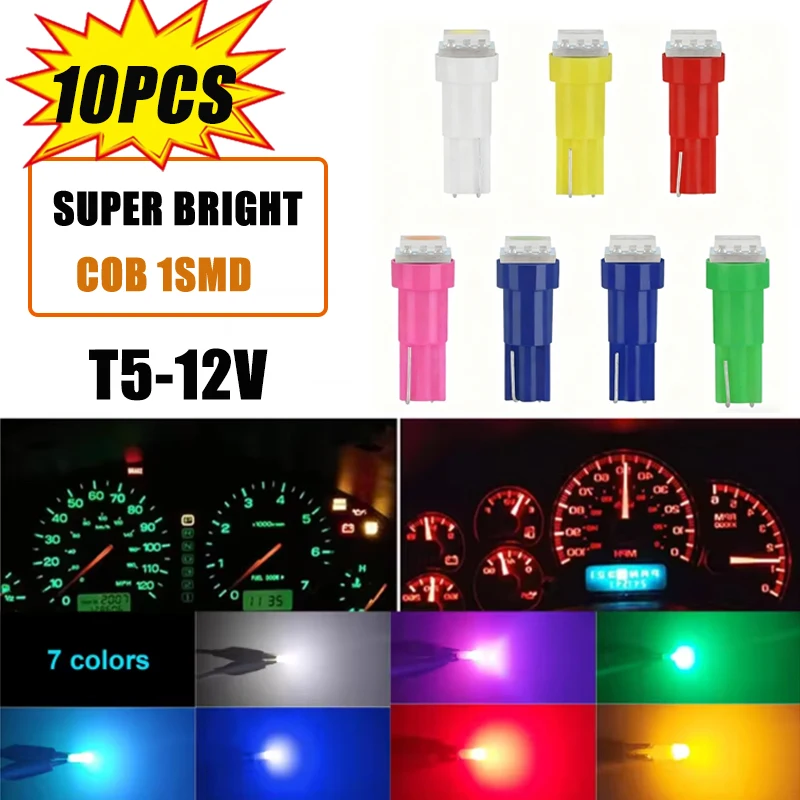 T5 COB LED Indicator Light Auto Side Wedge Dashboard Instrument Bulb 12V Signal/Center Control Light Motorcycle Modification