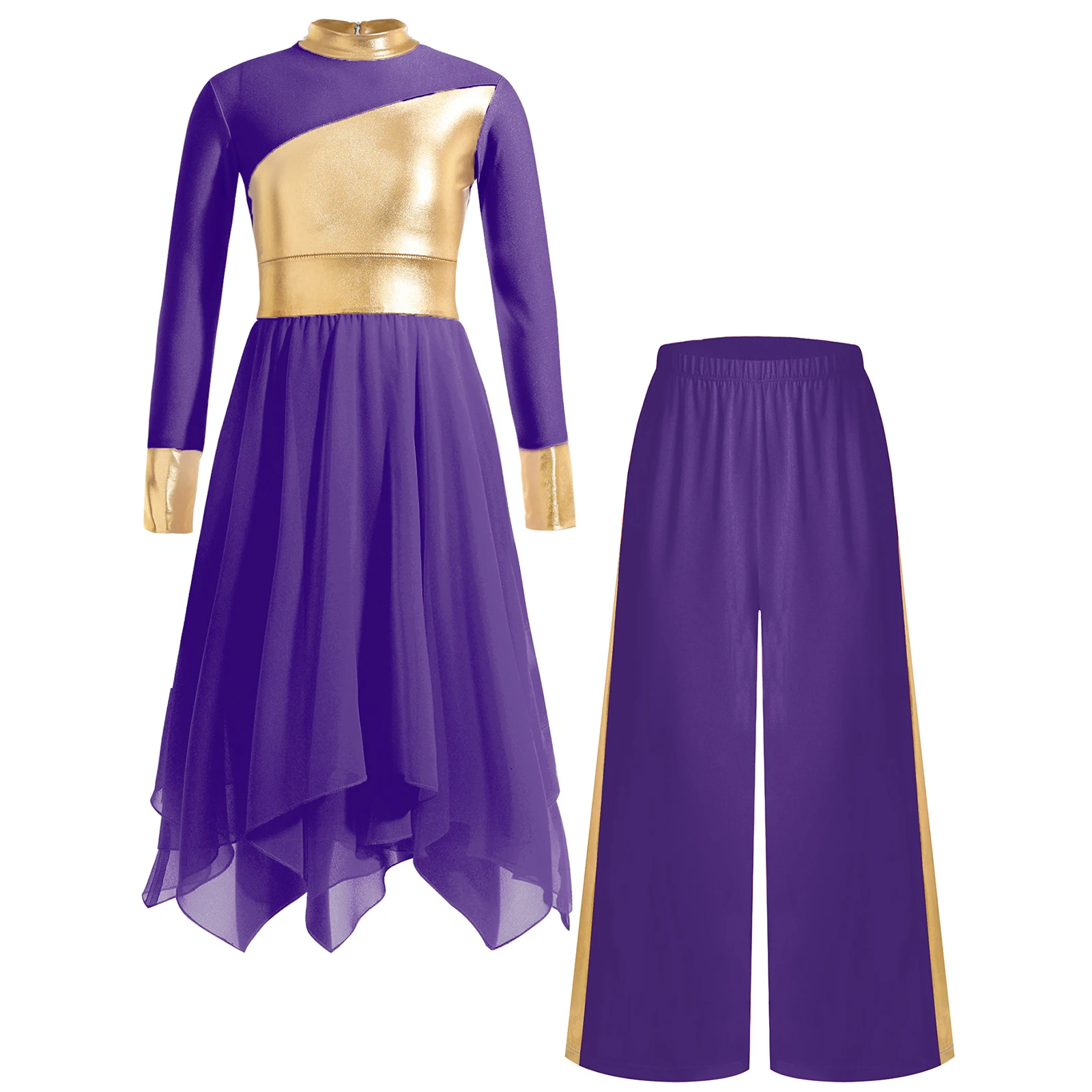 Kids Girls Liturgical Praise Dance Dress Long Sleeve Color Block Metallic Mesh Patchwork Dress+Pants Modern Lyrical Dance Dress
Kids Girls Liturgical Praise Dance Dress Long Sleeve Color Block Metallic Mesh Patchwork Dress+Pants Modern Lyrical Dance Dress