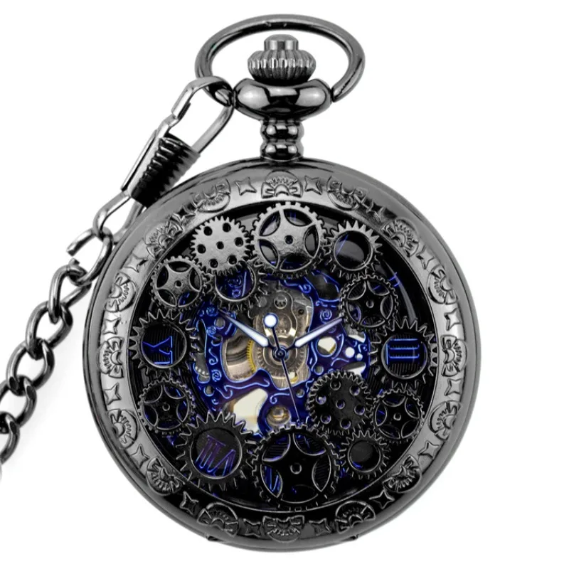 Black Hollow Gear Case Blue Roman Number Steampunk Skeleton Men's Hand Wind Mechanical Movement Pocket Watch with Fob Chain Gift
Black Hollow Gear Case Blue Roman Number Steampunk Skeleton Men's Hand Wind Mechanical Movement Pocket Watch with Fob Chain Gift