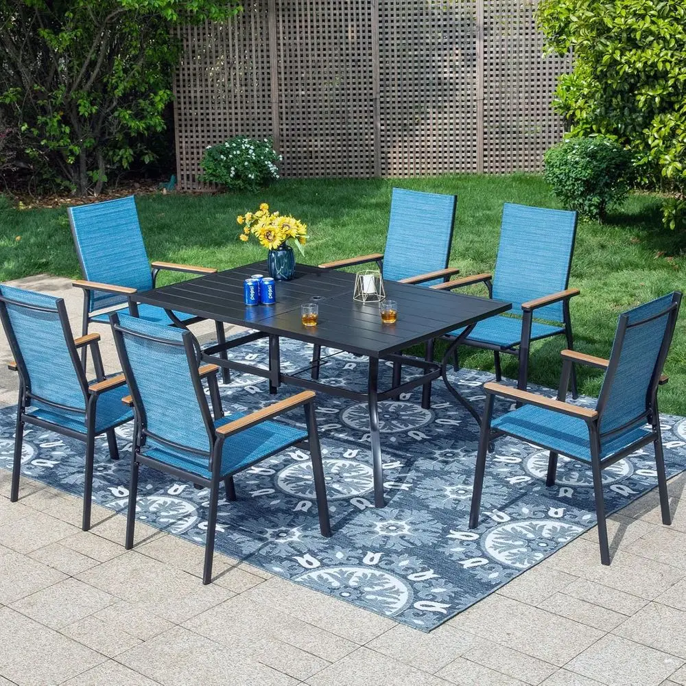 7-Piece Outdoor Dining Set: Blue Patio Table with Stackable Chairs and Umbrella Hole
7-Piece Outdoor Dining Set: Blue Patio Table with Stackable Chairs and Umbrella Hole