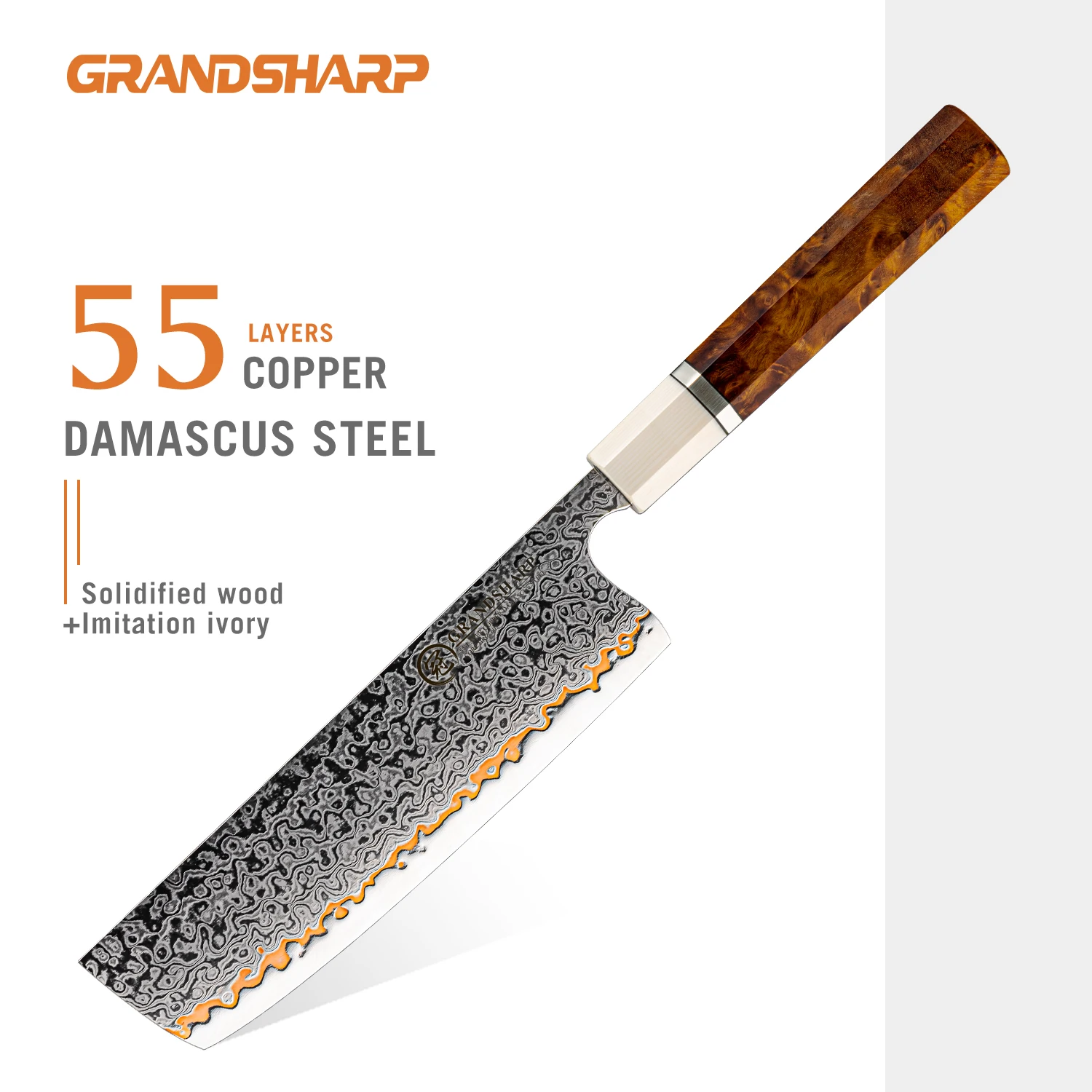 Нож Grandsharp Накири 7 дюймов, 55 слоев, из дамасской стали с медным сердечником 10Cr15CoMoV, рукоять из цельного дерева, для нарезки овощей и мяса
Нож Grandsharp Накири 7 дюймов, 55 слоев, из дамасской стали с медным сердечником 10Cr15CoMoV, рукоять из цельного дерева, для нарезки овощей и мяса