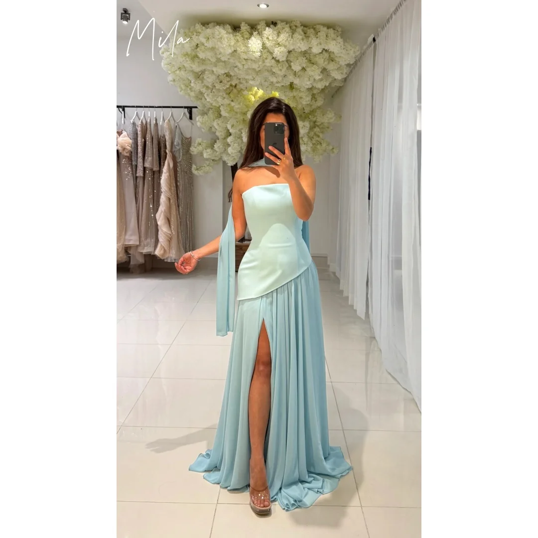 Mila Blue Long Silk Scarves Side Slit Prom Dresses Strapless Backless Customized Formal Evening Floor-Length vestidos de gala
Mila Blue Long Silk Scarves Side Slit Prom Dresses Strapless Backless Customized Formal Evening Floor-Length vestidos de gala
