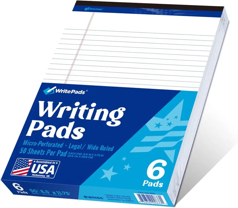 6 Pack Legal Note Pads Wide Ruled 8.5x11 Writing Pads with 50 Sheets Each, Micro-Perforated Notepad for Office School
6 Pack Legal Note Pads Wide Ruled 8.5x11 Writing Pads with 50 Sheets Each, Micro-Perforated Notepad for Office School