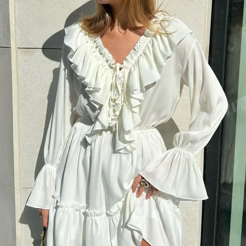 2025 Elegant Patchwork Long Sleeve Dress New Slim V Neck Lace Up New Ruffle Bandage Mini Dress Women's Summer Mini dsuhu3
2025 Elegant Patchwork Long Sleeve Dress New Slim V Neck Lace Up New Ruffle Bandage Mini Dress Women's Summer Mini dsuhu3