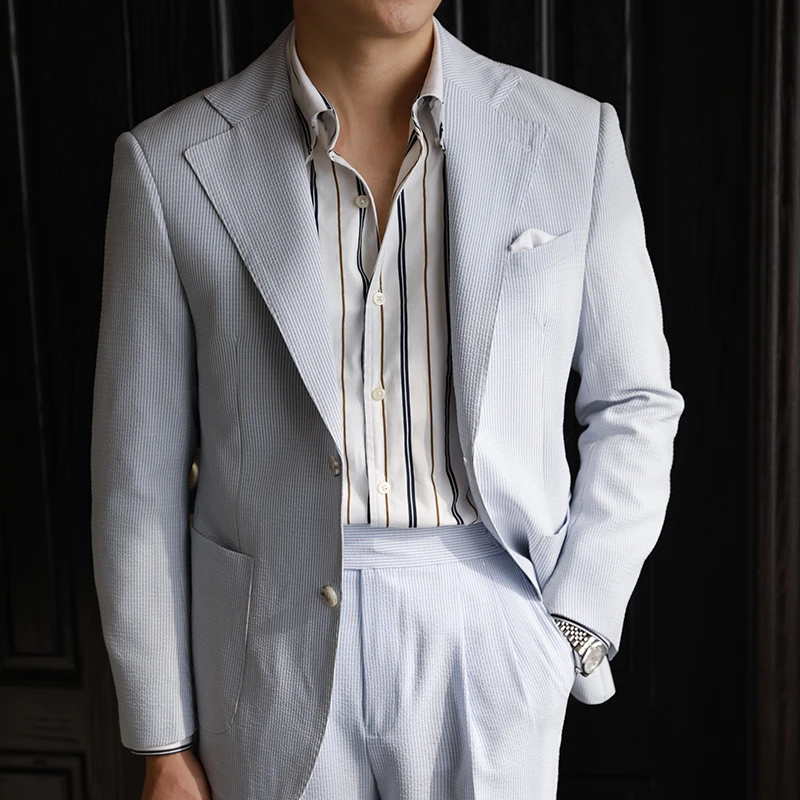 Мужской костюм Slim Fit из ткани Bubble Cloth для весны и лета, повседневный, с плоским воротником, не требует глажки, на одной пуговице, модный городской стиль
Мужской костюм Slim Fit из ткани Bubble Cloth для весны и лета, повседневный, с плоским воротником, не требует глажки, на одной пуговице, модный городской стиль