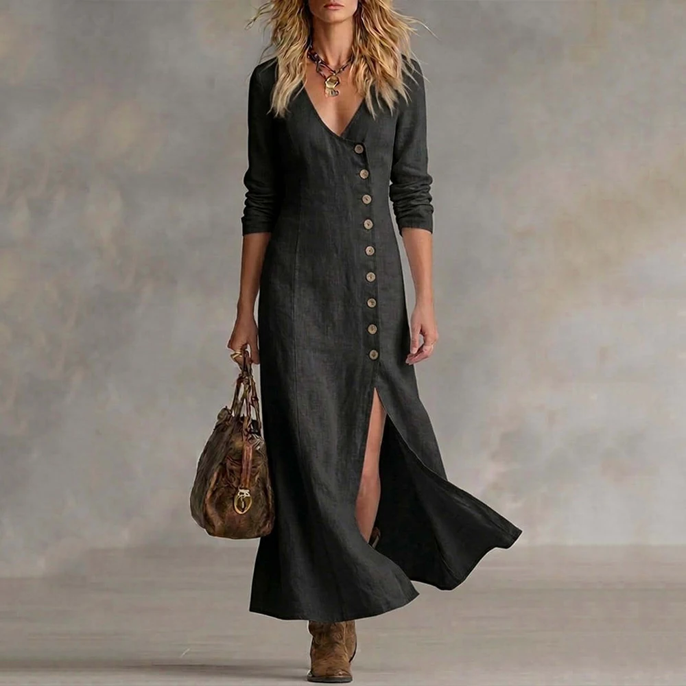 Women Vintage Linen Blend Maxi Dress Solid V-Neck 3/4 Sleeve Side Button Slit Casual Summer Vacation Beach Slim Fit Long Dresses
Women Vintage Linen Blend Maxi Dress Solid V-Neck 3/4 Sleeve Side Button Slit Casual Summer Vacation Beach Slim Fit Long Dresses