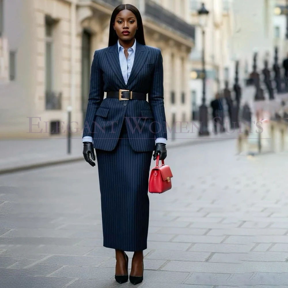 Pinstripe Women's Dress Suits Belted Single Breasted Peak Lapel Blazer Coat Fashion Business 2 Piece Jacket With Skirts Outfits
Pinstripe Women's Dress Suits Belted Single Breasted Peak Lapel Blazer Coat Fashion Business 2 Piece Jacket With Skirts Outfits