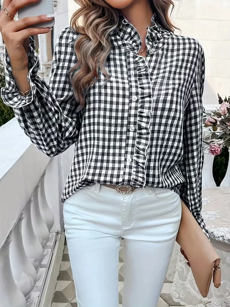 Fashion Plaid Print Loose Blouse Women Summer 2026 Casual Long Sleeve Ruffles Stand Collar Shirts Tops Elegant
Fashion Plaid Print Loose Blouse Women Summer 2026 Casual Long Sleeve Ruffles Stand Collar Shirts Tops Elegant