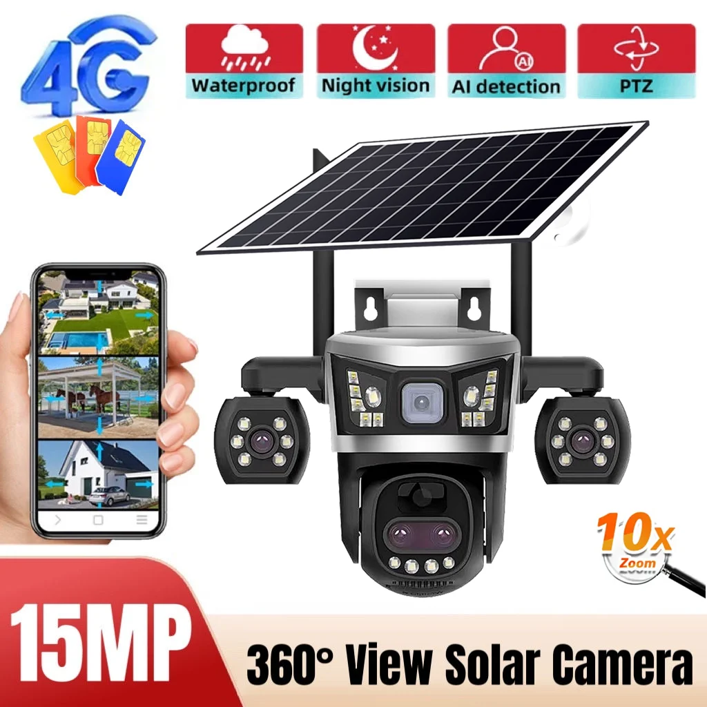 4G Sim Triple Lens Solar Security Camera Zoom 360° View Night Vision Wireless Outdoor CCTV PIR Human Detection IP66 Waterproof
4G Sim Triple Lens Solar Security Camera Zoom 360° View Night Vision Wireless Outdoor CCTV PIR Human Detection IP66 Waterproof
