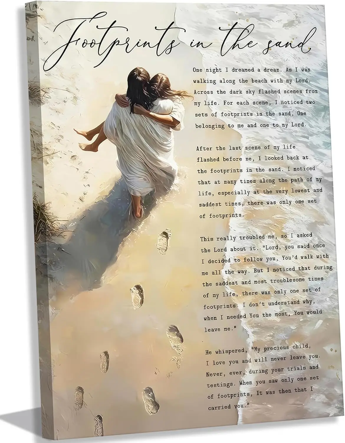 Christian Canvas Wall Art: Jesus Embracing Woman, Footprints in Sand, 12x16in Framed
Christian Canvas Wall Art: Jesus Embracing Woman, Footprints in Sand, 12x16in Framed