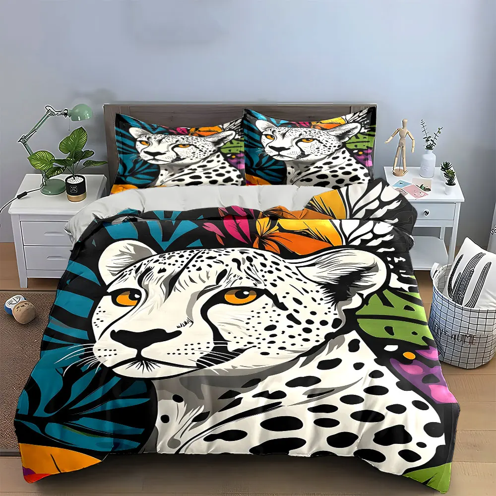 3Pcs Modern Jungle Bedding Set, Pop Art Style Cheetah Portrait with Tropical Foliage Print Duvet Cover, Artistic Bedroom Decor
3Pcs Modern Jungle Bedding Set, Pop Art Style Cheetah Portrait with Tropical Foliage Print Duvet Cover, Artistic Bedroom Decor