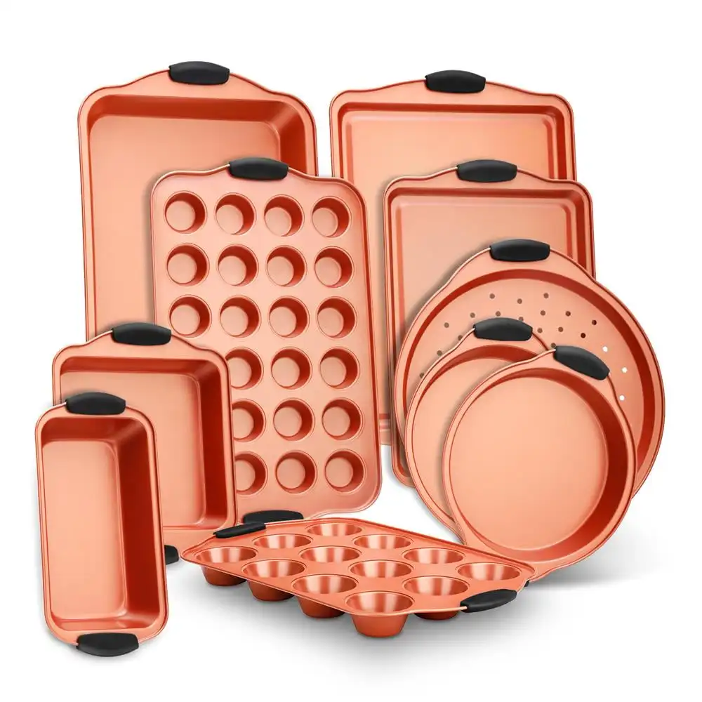 10-Piece Carbon Steel Nonstick Bakeware Set W/ Heat safe Black Silicone Handles (Copper)
10-Piece Carbon Steel Nonstick Bakeware Set W/ Heat safe Black Silicone Handles (Copper)