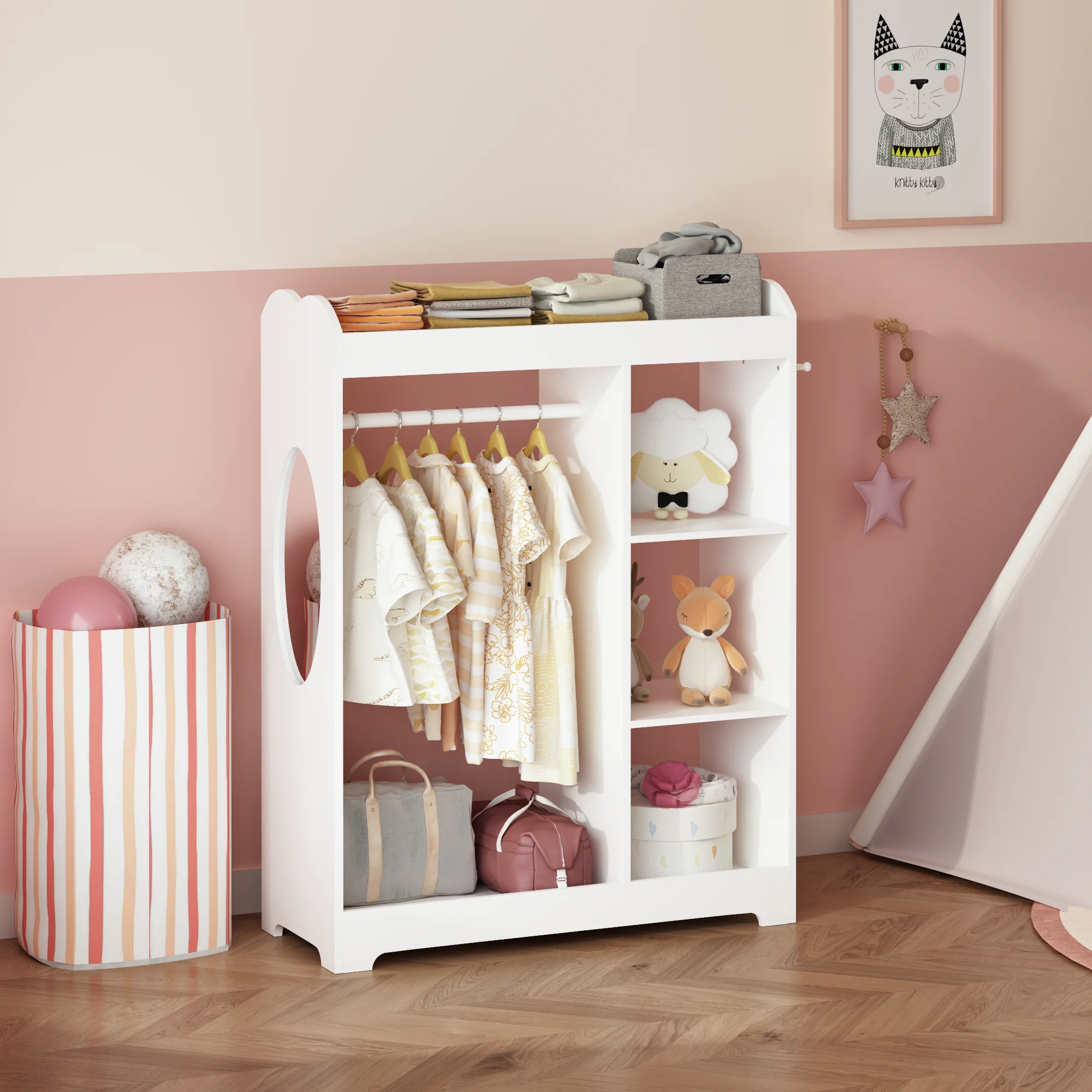 Kids Dress Up Storage, Wooden Wardrobe Closet, Costume Organizer with Mirror, 3 Side Hooks, Hanging Rod and Shelves for Bedroom
Kids Dress Up Storage, Wooden Wardrobe Closet, Costume Organizer with Mirror, 3 Side Hooks, Hanging Rod and Shelves for Bedroom