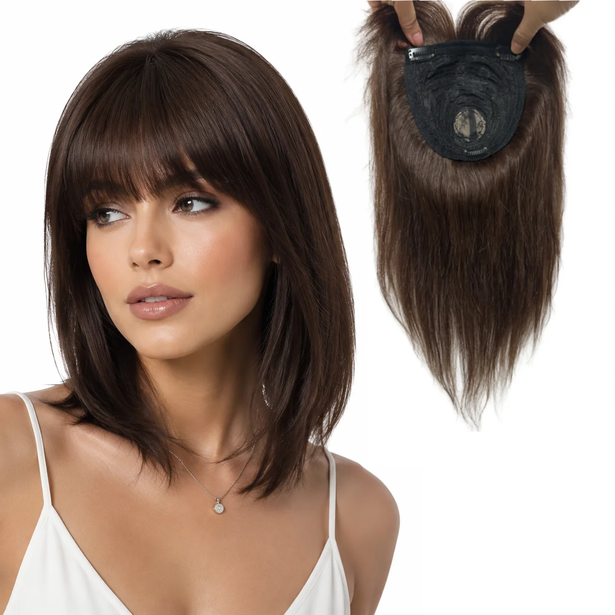Human Hair Topper with Bangs for Women Clip-In Brazilian Hair Piece for Thinning Hair & Hair Loss Natural Looking Hair Extension
Human Hair Topper with Bangs for Women Clip-In Brazilian Hair Piece for Thinning Hair & Hair Loss Natural Looking Hair Extension