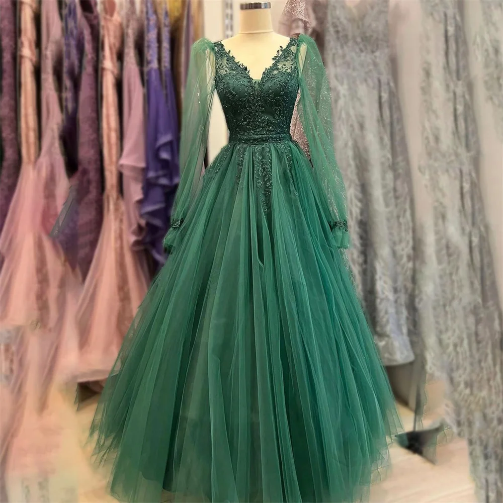Lily Green V-Neck Evening Gown Tulle Long Elegant Prom Dress A-Line Long Sleeve Wedding Evening Dress Custom robes de soirée
Lily Green V-Neck Evening Gown Tulle Long Elegant Prom Dress A-Line Long Sleeve Wedding Evening Dress Custom robes de soirée
