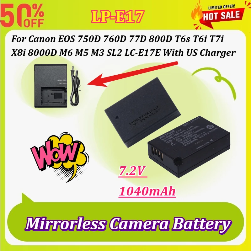 LP-E17 7.2V 1040mAh Camera Battery for Canon EOS 750D 760D 77D 800D T6s T6i T7i X8i 8000D M6 M5 M3 SL2 LC-E17E with US Charger
LP-E17 7.2V 1040mAh Camera Battery for Canon EOS 750D 760D 77D 800D T6s T6i T7i X8i 8000D M6 M5 M3 SL2 LC-E17E with US Charger