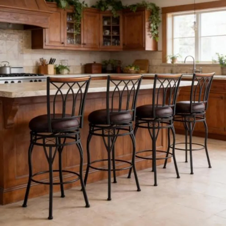 Farmhouse Swivel Bar Stools with Backs Set of 4, Adjustable 25"/30" Industrial Counter and Bar Chairs with Brown PU, Antique Br
Farmhouse Swivel Bar Stools with Backs Set of 4, Adjustable 25"/30" Industrial Counter and Bar Chairs with Brown PU, Antique Br