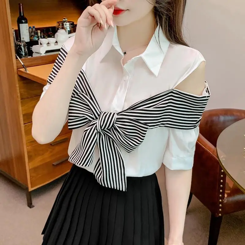 Summer Women's Elegant Fashion Striped Bow Patchwork Shirt Ladies Short Sleeve Off the Shoulder Buttons Top Female Casual Blouse
Summer Women's Elegant Fashion Striped Bow Patchwork Shirt Ladies Short Sleeve Off the Shoulder Buttons Top Female Casual Blouse