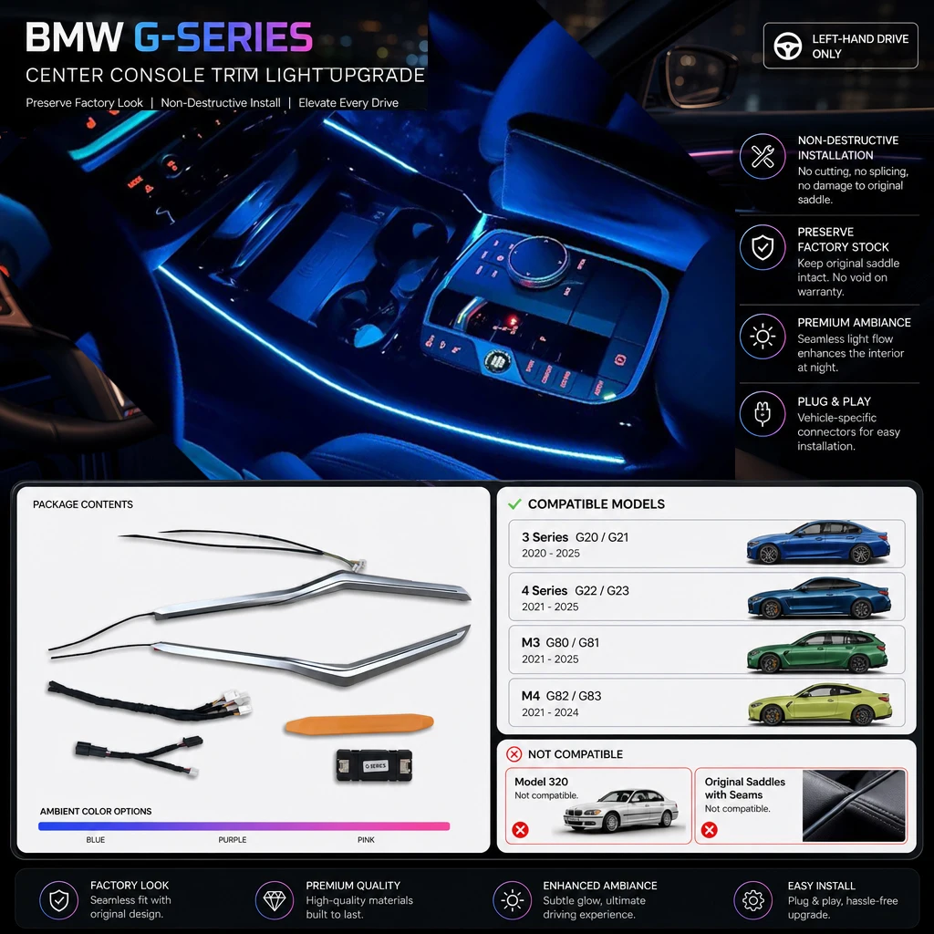 Upgraded 11 Color LED Console Saddle Light for BMW New 3/4 Series G20 G22 M3 M4 G80 G82 G26 G42 Paste Ambient Light Trim Strips
Upgraded 11 Color LED Console Saddle Light for BMW New 3/4 Series G20 G22 M3 M4 G80 G82 G26 G42 Paste Ambient Light Trim Strips