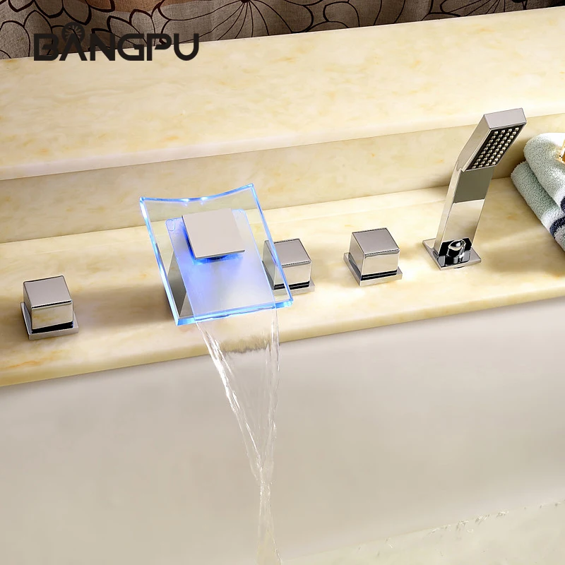 Chrome Modern LED Waterfall Tub Faucet with Sprayer Deck Mounted Bathtub Faucet Set Roman Tub Faucet Combo with Handheld Shower
Chrome Modern LED Waterfall Tub Faucet with Sprayer Deck Mounted Bathtub Faucet Set Roman Tub Faucet Combo with Handheld Shower