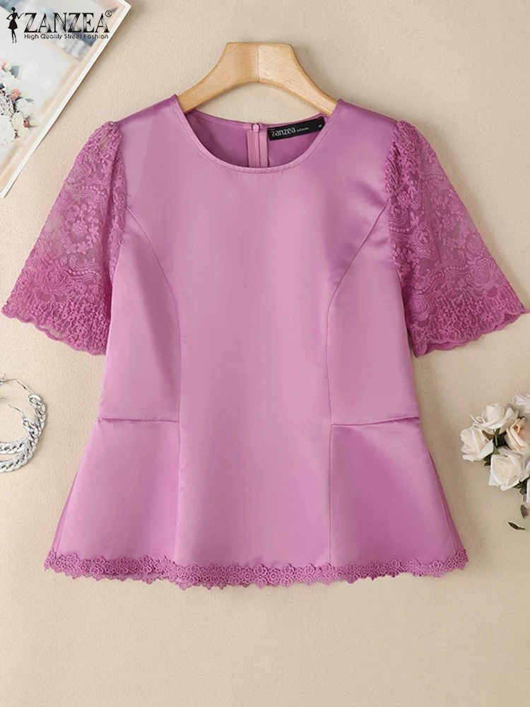 Women Elegant Lace Patchwork Blouses ZANZEA Summer Office Satin Shirt Stylish Waisted Tunic Tops Fashion Party Blusas Mujer 2025
Women Elegant Lace Patchwork Blouses ZANZEA Summer Office Satin Shirt Stylish Waisted Tunic Tops Fashion Party Blusas Mujer 2025