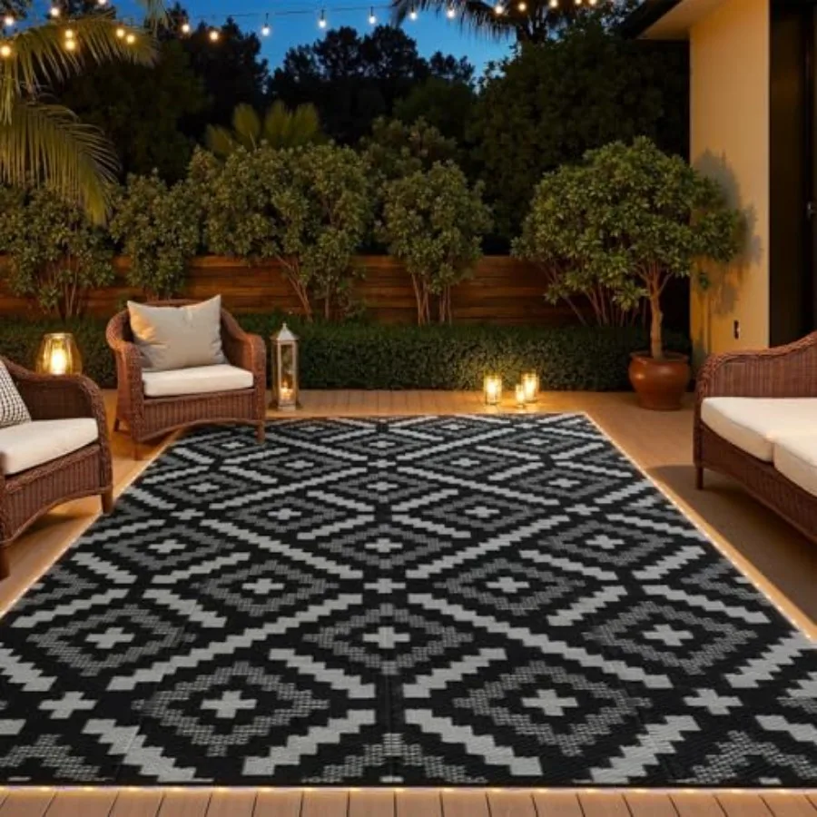 Outdoor patio rug, waterproof plastic straw, beige and gray reversible, UV-resistant with integrated LED lights for deck, porch
Outdoor patio rug, waterproof plastic straw, beige and gray reversible, UV-resistant with integrated LED lights for deck, porch