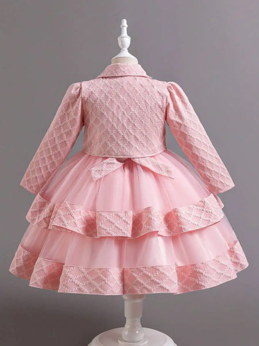 Pink Jacquard Tulle Tiered Ball Gown Evening Dress With Bow Appliques
Pink Jacquard Tulle Tiered Ball Gown Evening Dress With Bow Appliques