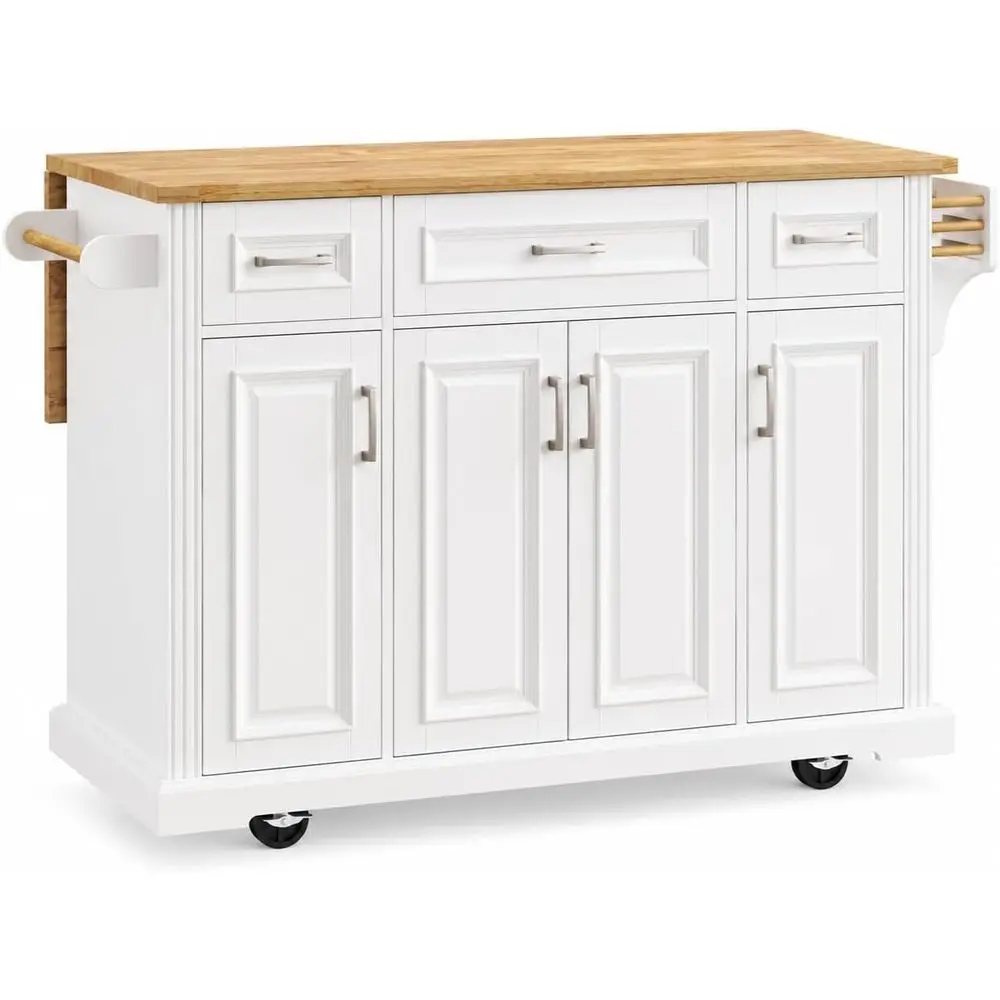 54 White Rolling Kitchen Island with Drop Leaf, Storage, 4 Drawers, 3 Doors, Rubberwood Top, Adjustable Shelves
54 White Rolling Kitchen Island with Drop Leaf, Storage, 4 Drawers, 3 Doors, Rubberwood Top, Adjustable Shelves