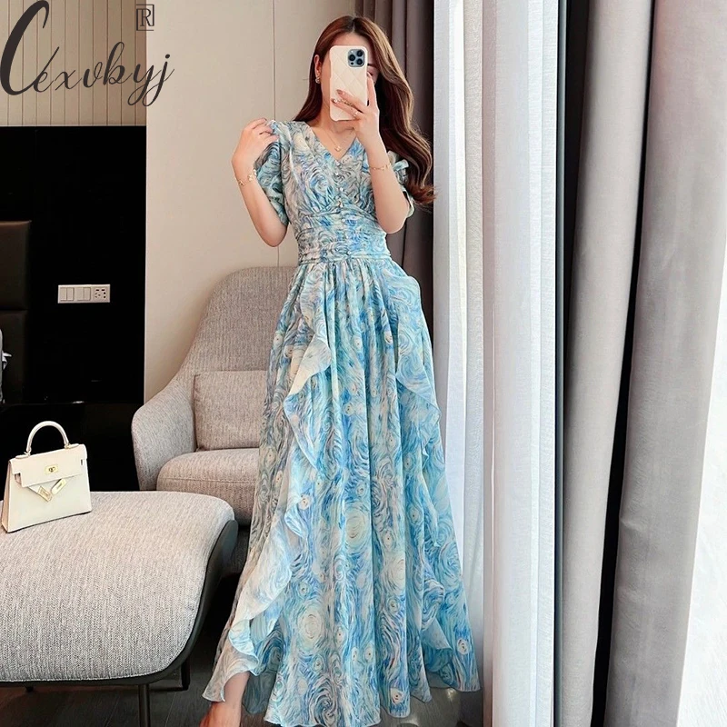 Summer Print Ruffles Floral Dress French V-Neck Abstrac Blue Elegant Party Dress Ladies Temperament Lantern Sleeve Long Dress
Summer Print Ruffles Floral Dress French V-Neck Abstrac Blue Elegant Party Dress Ladies Temperament Lantern Sleeve Long Dress