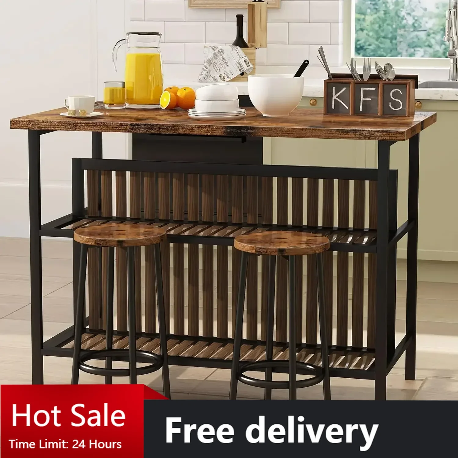 Kitchen Island with Seating, 47.2 Inches Kitchen Island with 2 Barstool, Industrial Counter Height Table with Storage, Wooden
Kitchen Island with Seating, 47.2 Inches Kitchen Island with 2 Barstool, Industrial Counter Height Table with Storage, Wooden