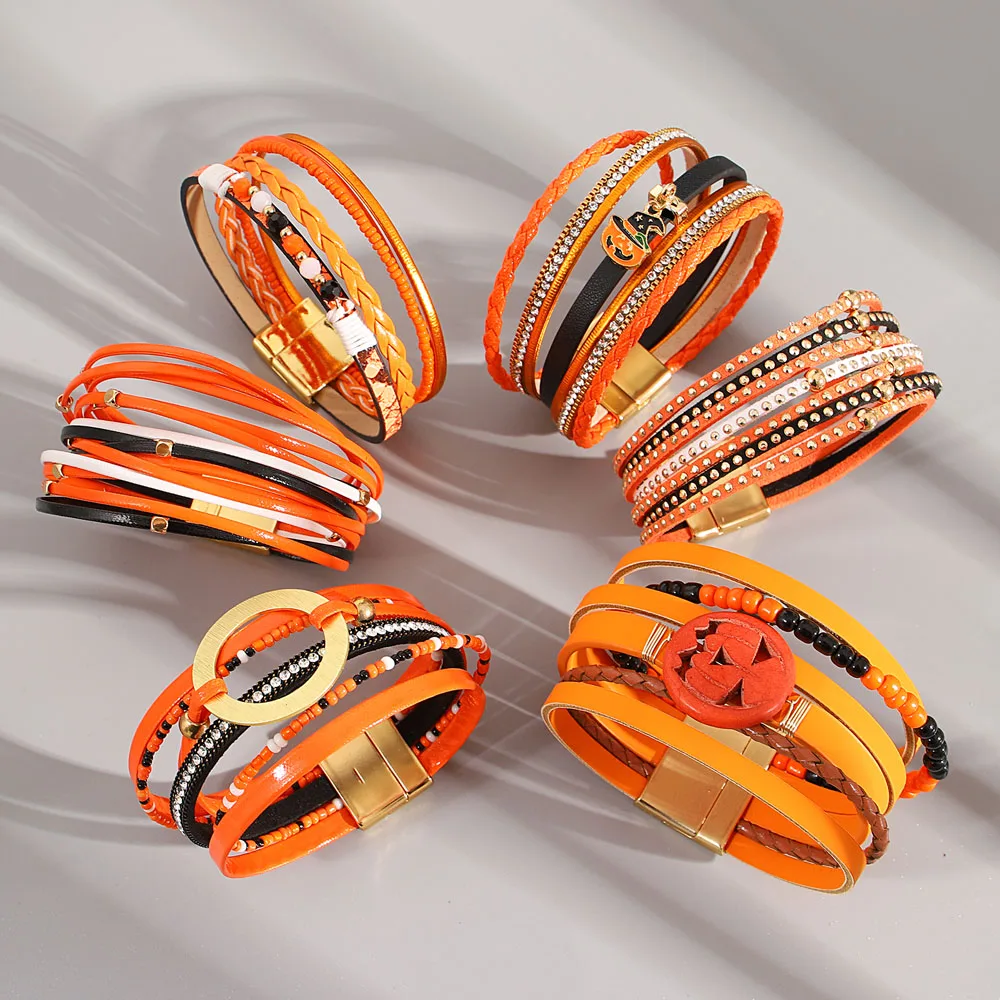 Готические кожаные браслеты с тыквой и черепом из бисера, многослойная обертка в стиле бохо, широкий браслет, вечерние украшения на Хэллоуин
Готические кожаные браслеты с тыквой и черепом из бисера, многослойная обертка в стиле бохо, широкий браслет, вечерние украшения на Хэллоуин