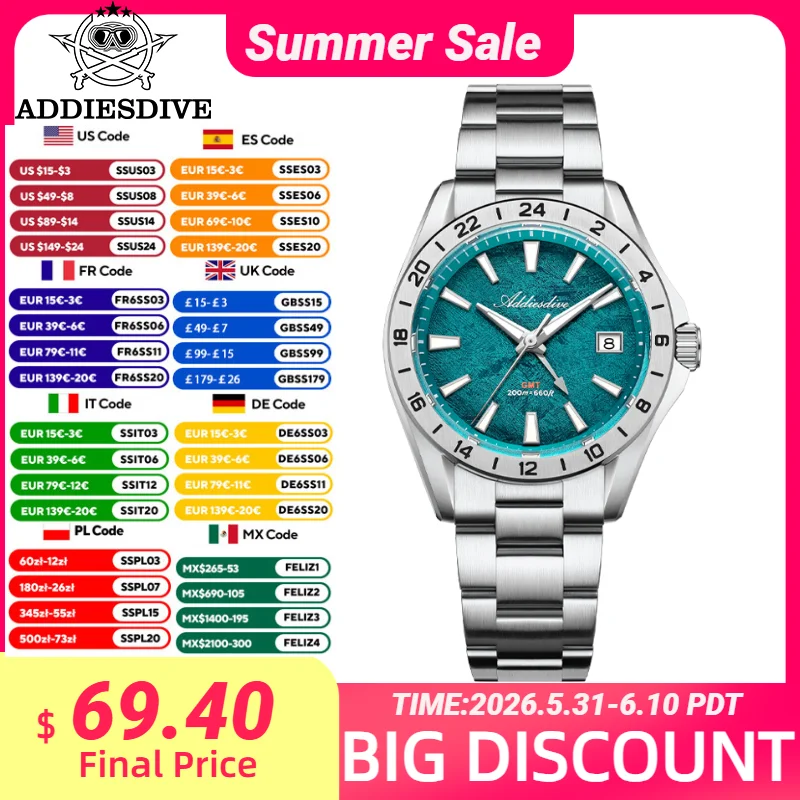 ADDIESDIVE Men's Luxury Swiss Ronda GMT Watch 38mm Stainless Steel 200M Waterproof Sapphire Crystal BGW9 Luminous Watches AD2548
ADDIESDIVE Men's Luxury Swiss Ronda GMT Watch 38mm Stainless Steel 200M Waterproof Sapphire Crystal BGW9 Luminous Watches AD2548