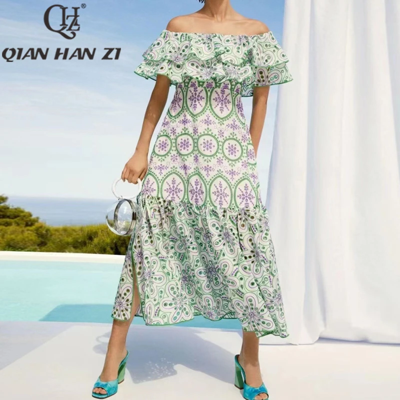 QHZ Designer fashion Embroidered dress Cape sleeve Sexy Slash neck Ruffle Flower hollowed out elegant High slit Holiday Dress
QHZ Designer fashion Embroidered dress Cape sleeve Sexy Slash neck Ruffle Flower hollowed out elegant High slit Holiday Dress