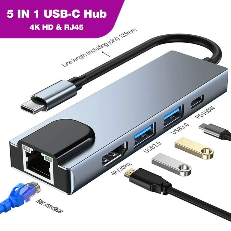 USB C hub 5 in1 multi-function docking station, equipped with1 HDMI Port, PD 100W Power, 2 USB Port,suitable for Class C devices
USB C hub 5 in1 multi-function docking station, equipped with1 HDMI Port, PD 100W Power, 2 USB Port,suitable for Class C devices