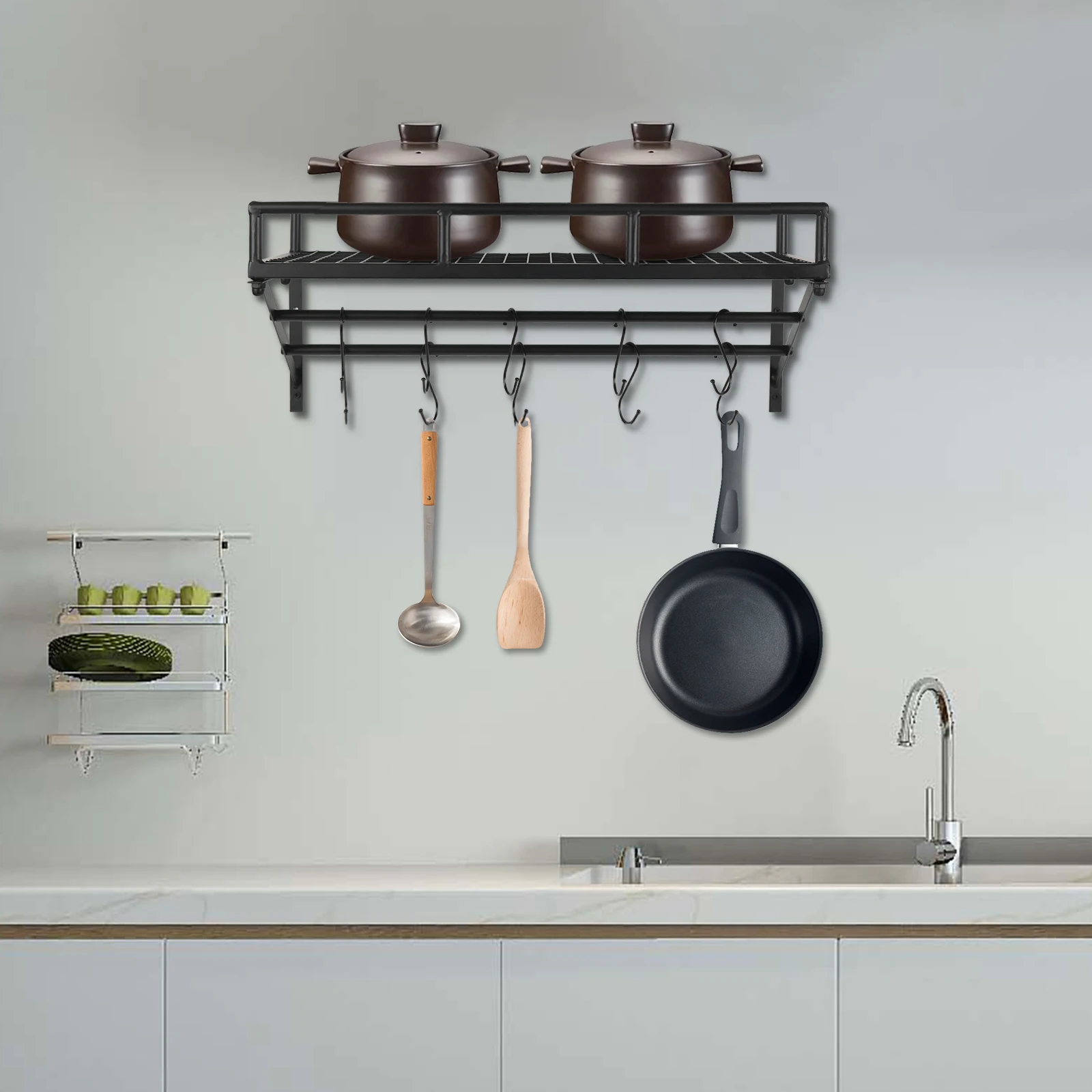 24 Inch Wall Mounted Pot Rack with 2 Hanging Rails and 10 Hooks, Large Hanging Pot and Pan Organizer, Wall Storage Shelf
24 Inch Wall Mounted Pot Rack with 2 Hanging Rails and 10 Hooks, Large Hanging Pot and Pan Organizer, Wall Storage Shelf