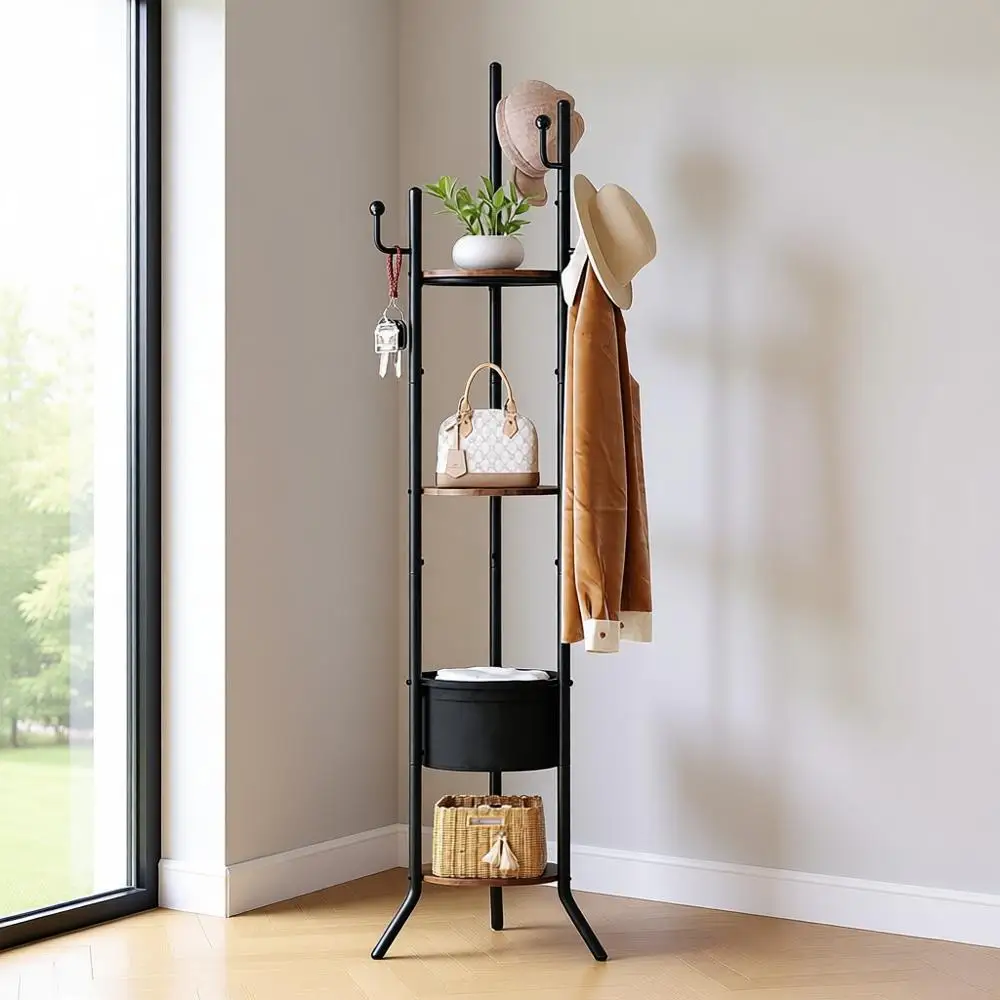 Напольная круглая деревянная вешалка для одежды с 3 полками и тканевой корзиной, металлический стенд с 5 крючками, для одежды, головных уборов, сумок - коричневый и черный
Напольная круглая деревянная вешалка для одежды с 3 полками и тканевой корзиной, металлический стенд с 5 крючками, для одежды, головных уборов, сумок - коричневый и черный
