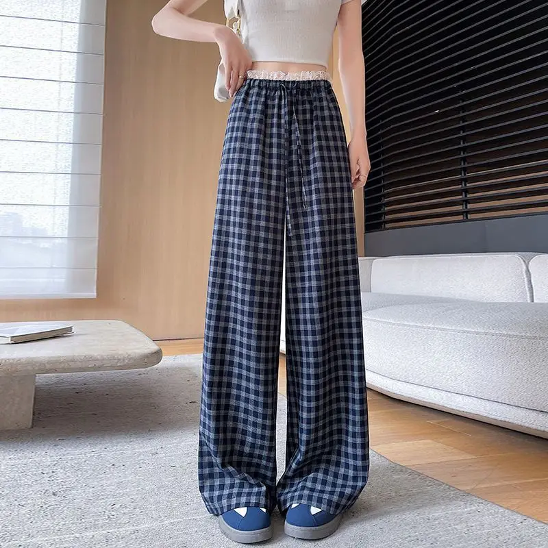 American lace and lace patchwork checkered women casual pants loose new style high waisted pants thin straight leg pants
American lace and lace patchwork checkered women casual pants loose new style high waisted pants thin straight leg pants