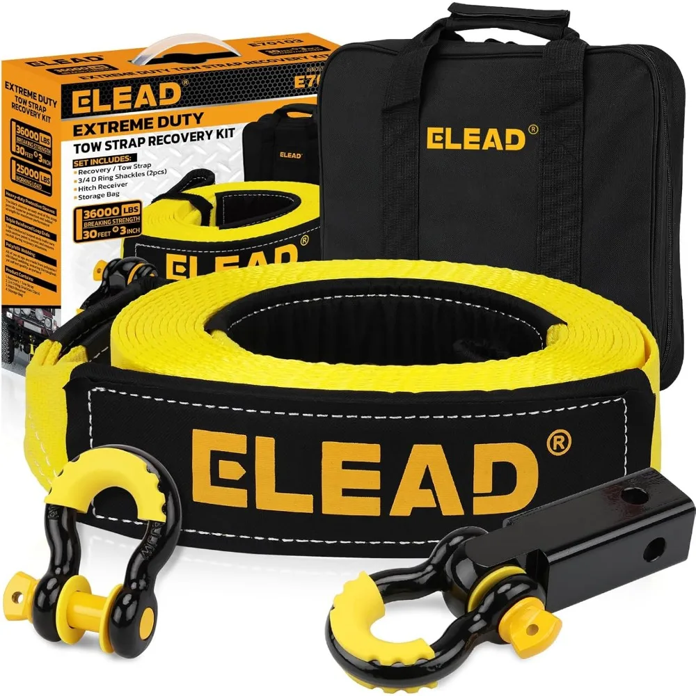 ELEAD Recovery Tow Strap Heavy Duty with Hooks 3" x 30Ft - 36000 LBS Break Strength, 2" Shackle Hitch Receiver + 3/4 D Ring Shac
ELEAD Recovery Tow Strap Heavy Duty with Hooks 3" x 30Ft - 36000 LBS Break Strength, 2" Shackle Hitch Receiver + 3/4 D Ring Shac