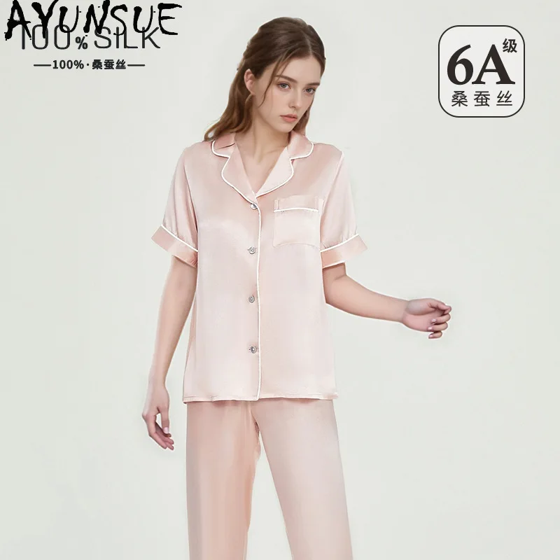 AYUNSUE 100% Silk Womens Matching Sets Solid Color Pajamas for Women Short Sleeve Tops Long Pants Woman Clothes Summer Pijamas
AYUNSUE 100% Silk Womens Matching Sets Solid Color Pajamas for Women Short Sleeve Tops Long Pants Woman Clothes Summer Pijamas