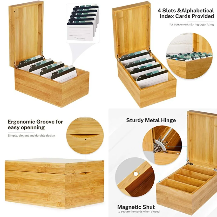 Index Card Holder, 4 x 6Inch Wooden Business Card Organizer for Desk with 3 Dividers, Index Cards Box with A-Z Tabs Holds 600 C
Index Card Holder, 4 x 6Inch Wooden Business Card Organizer for Desk with 3 Dividers, Index Cards Box with A-Z Tabs Holds 600 C