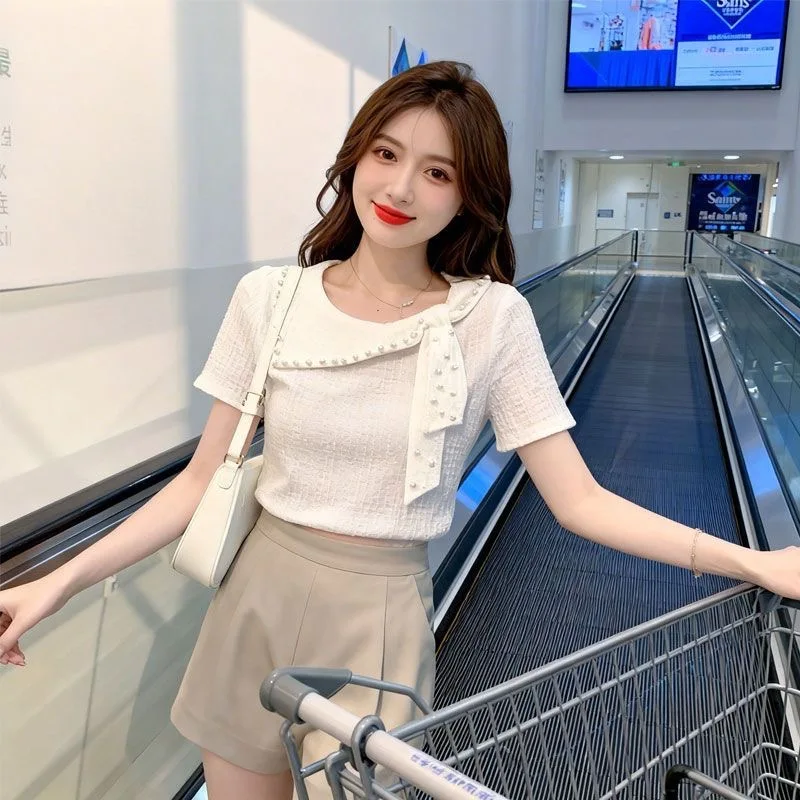Summer Wear Chiffon Design Sense Bead Binding Short Sleeve Women's Slim Fit T-Shirt round Neck Short Length Color Top
Summer Wear Chiffon Design Sense Bead Binding Short Sleeve Women's Slim Fit T-Shirt round Neck Short Length Color Top