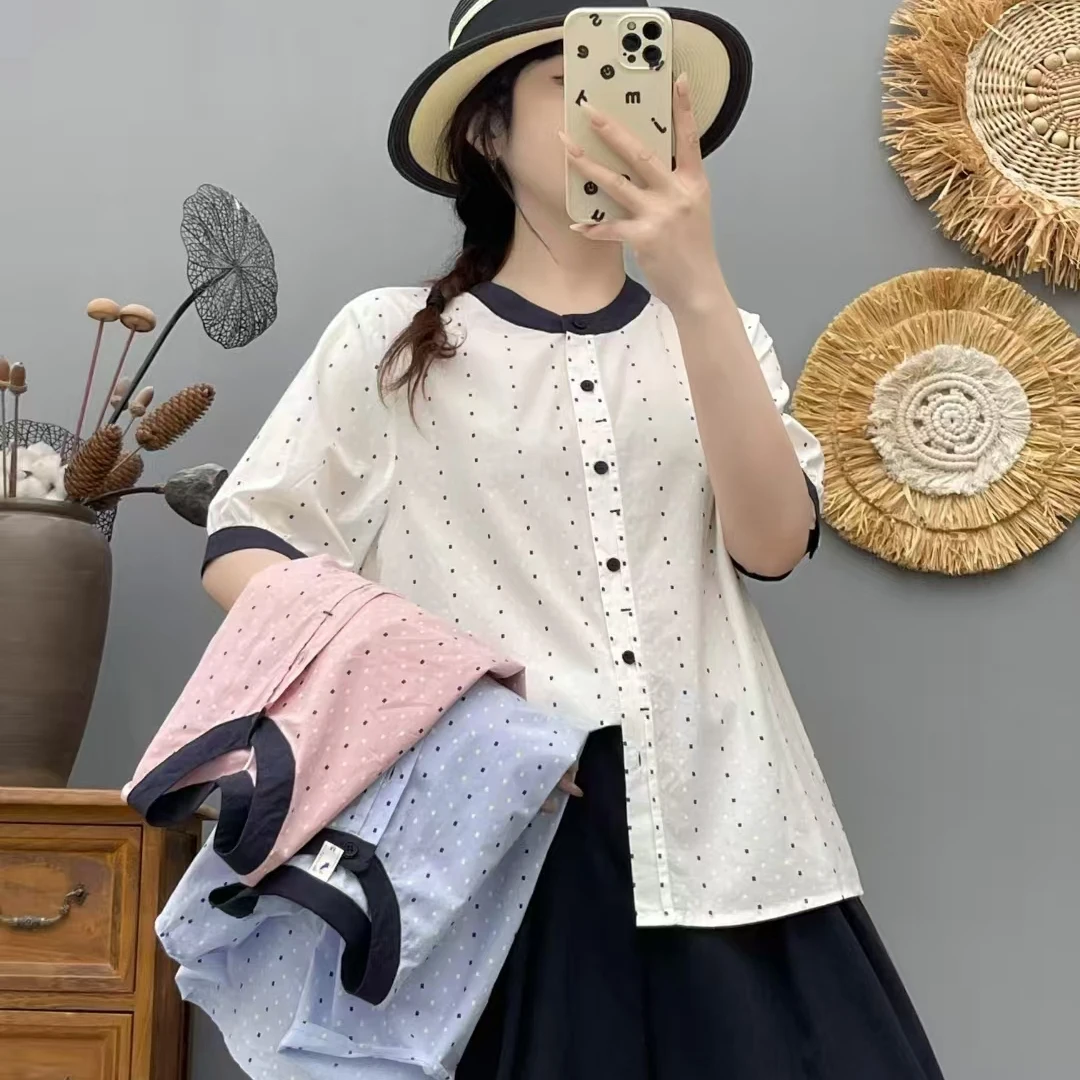 Japanese Sweet Mori Girl Polka Dot Print 100% Cotton Shirts Women Summer Stand Collar Short Sleeve Casual Loose Blouse Tops
Japanese Sweet Mori Girl Polka Dot Print 100% Cotton Shirts Women Summer Stand Collar Short Sleeve Casual Loose Blouse Tops