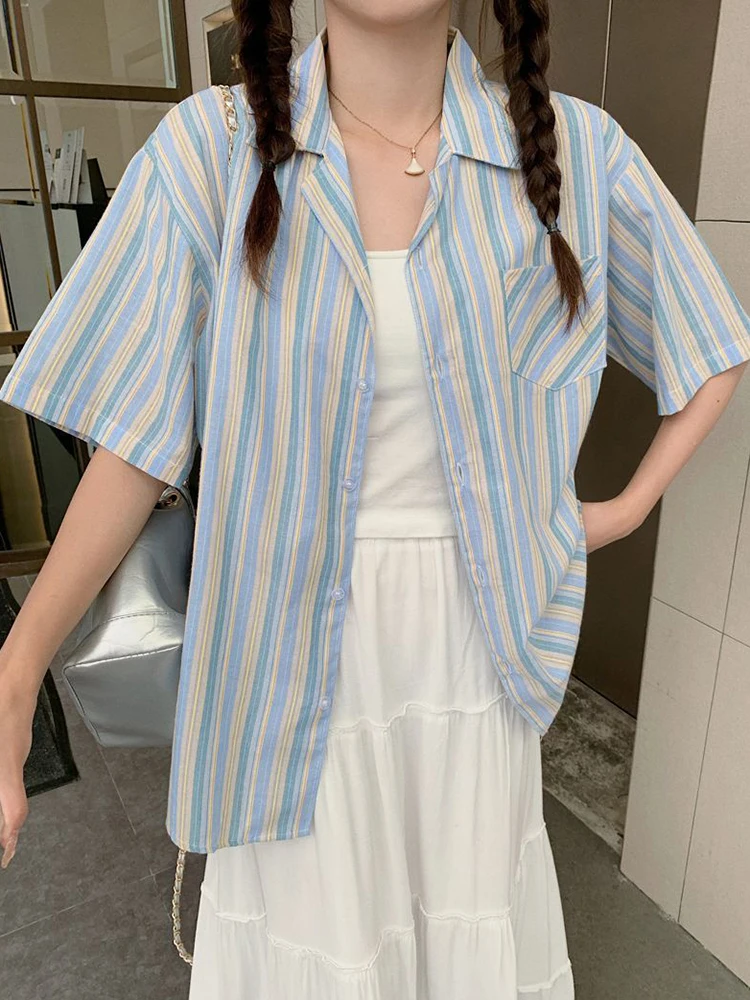 Zoki Loose Vintage Striped Shirt Women Casual Short Sleeve Korean Blouse Summer Pocket Retro All Match Female Lazy Wind Tops New
Zoki Loose Vintage Striped Shirt Women Casual Short Sleeve Korean Blouse Summer Pocket Retro All Match Female Lazy Wind Tops New