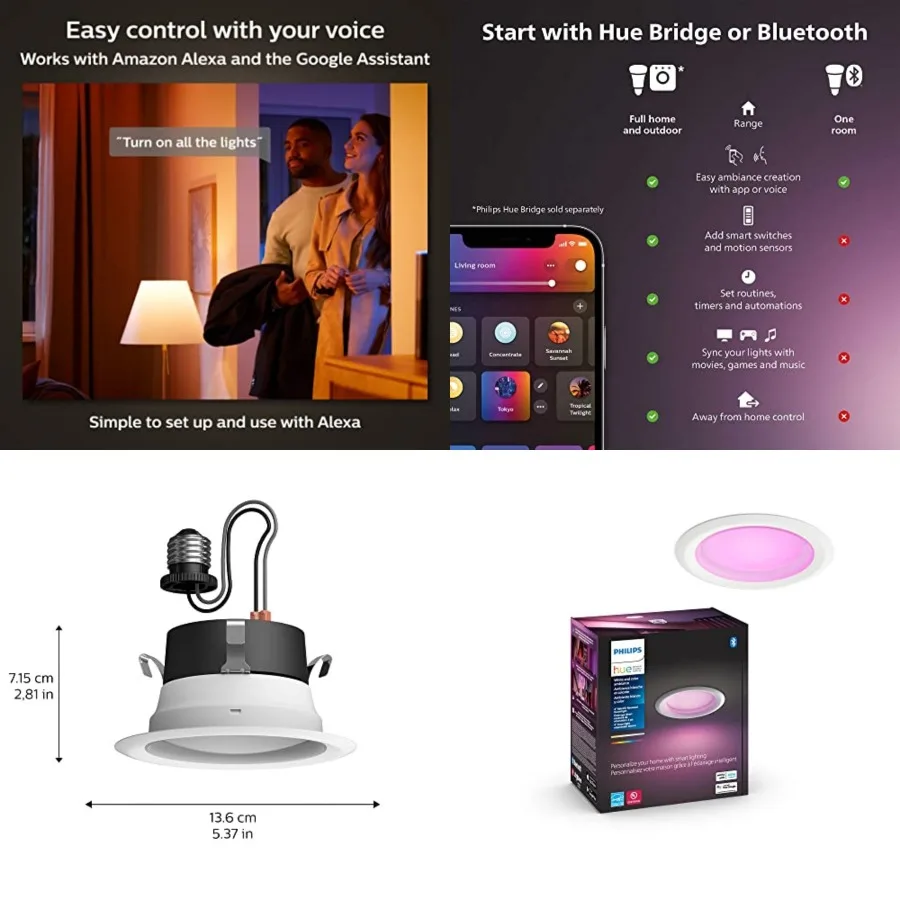 Smart Retrofit Recessed Lighting 4 inch - -Changing Light - 850 Lumen - Control with Hue App - Works with Alexa, Google Assista
Smart Retrofit Recessed Lighting 4 inch - -Changing Light - 850 Lumen - Control with Hue App - Works with Alexa, Google Assista