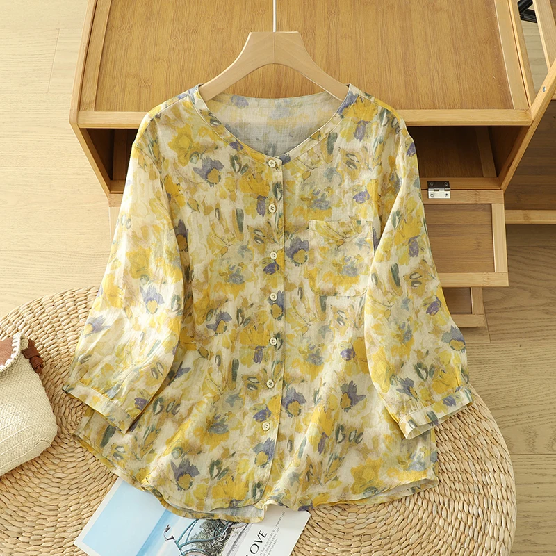 Yellow Flower Print Linen Shirt Women's Casual round Neck mid Sleeve Slimming Versatile Summer Shirt Comfortable Polyester Co...
Yellow Flower Print Linen Shirt Women's Casual round Neck mid Sleeve Slimming Versatile Summer Shirt Comfortable Polyester Co...