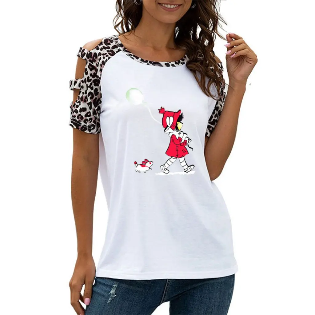 Women's round Neck Short Sleeve T-Shirt Leopard Print Casual Hollow Stitching Detail European American Style
Women's round Neck Short Sleeve T-Shirt Leopard Print Casual Hollow Stitching Detail European American Style
