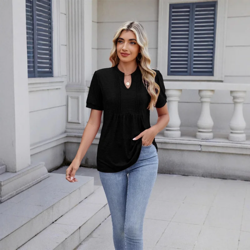 European American Style2025Spring and Summer New Short Sleeve Solid Color RuchedVCollar StripetT-shirt Top Women's Cloth
European American Style2025Spring and Summer New Short Sleeve Solid Color RuchedVCollar StripetT-shirt Top Women's Cloth