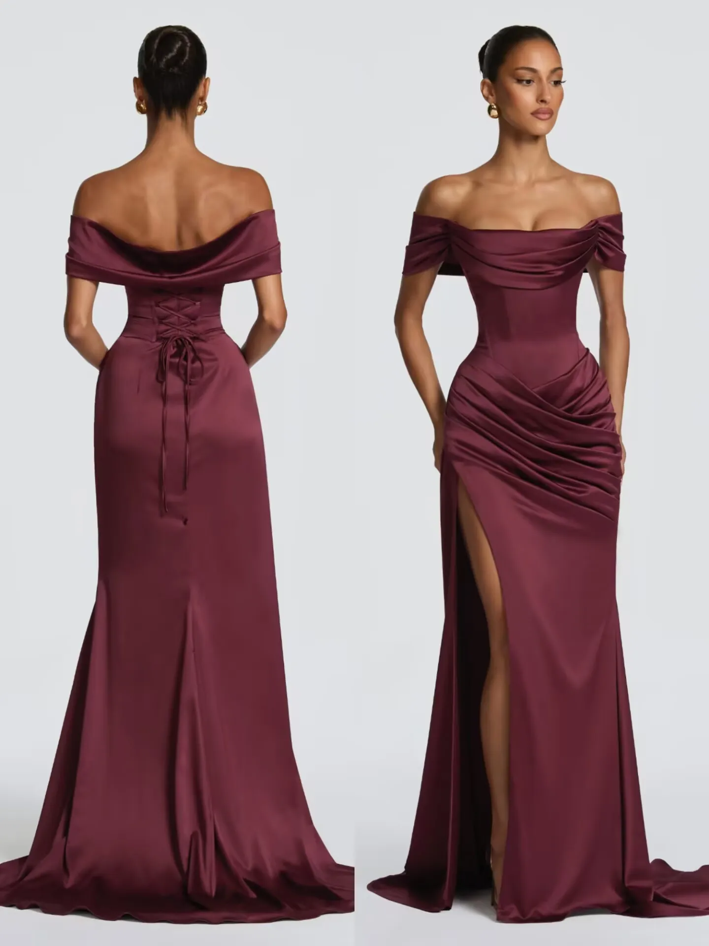 Satin Off Shoulder Mermaid Prom Dress Cowl Ruched High Slit Bodycon Formal Evening Gowns Party Wedding Guest Dresses For Women
Satin Off Shoulder Mermaid Prom Dress Cowl Ruched High Slit Bodycon Formal Evening Gowns Party Wedding Guest Dresses For Women