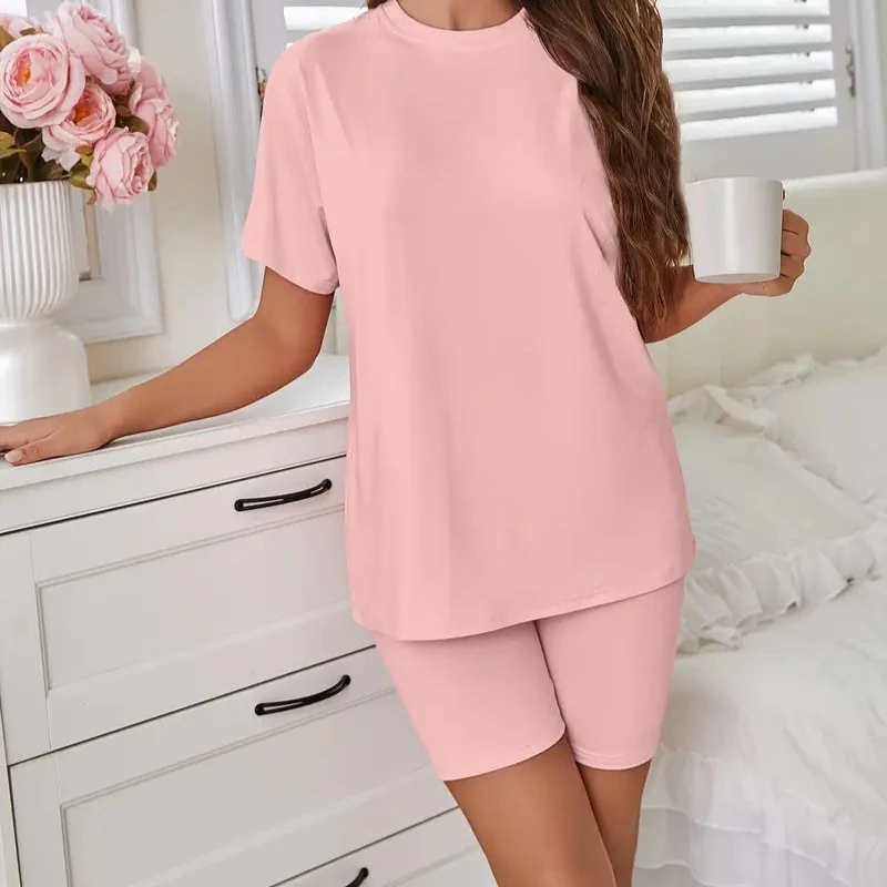 Женские пижамы, однотонная эластичная оправа, шорты с круглым вырезом и короткими рукавами, верхняя женская одежда для сна, домашняя одежда для студентов
Женские пижамы, однотонная эластичная оправа, шорты с круглым вырезом и короткими рукавами, верхняя женская одежда для сна, домашняя одежда для студентов