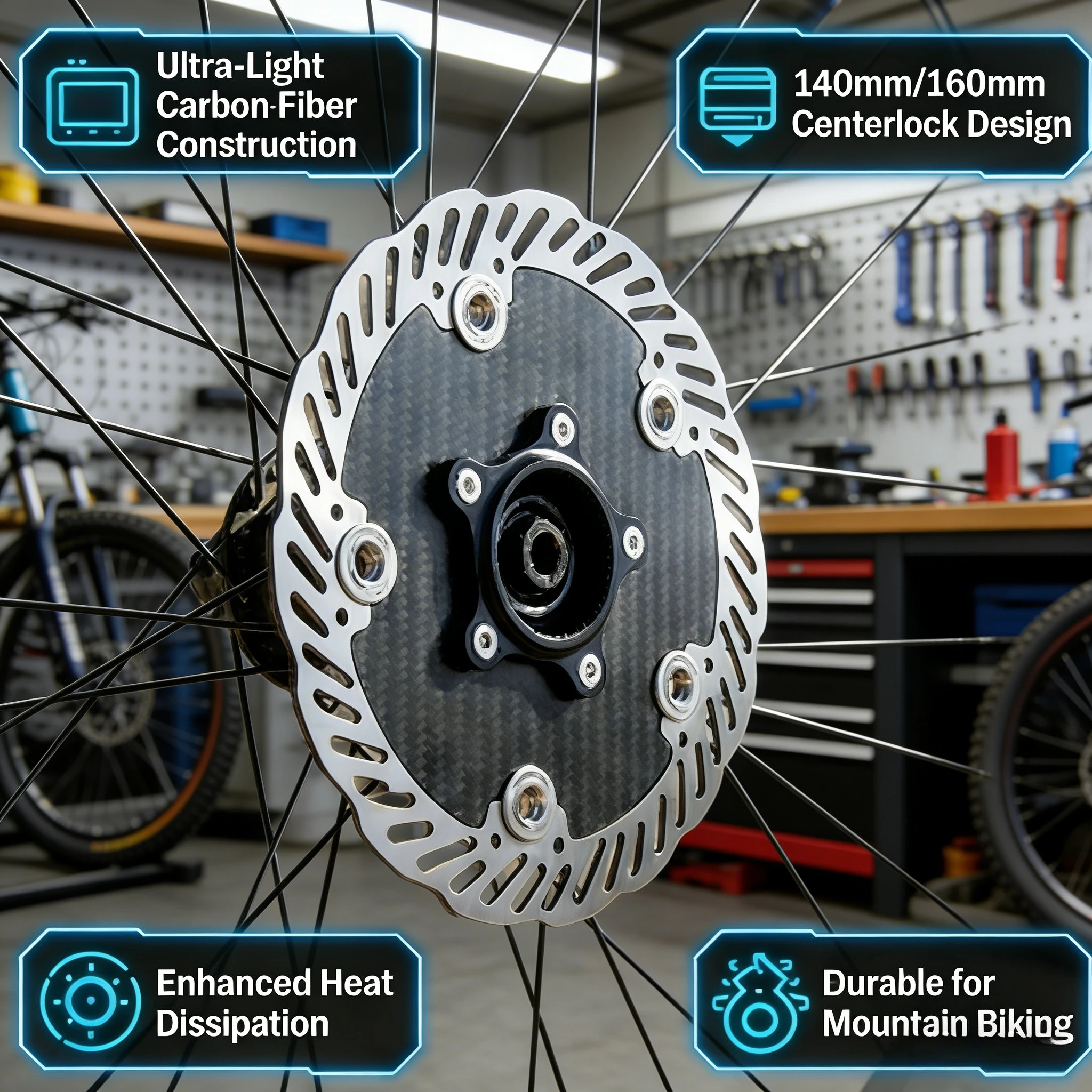 Ultra-Light Carbon Fiber MTB Brake Rotor | 140/160mm Centerlock Floating Cycling Component | High-Strength Anti-Warp
Ultra-Light Carbon Fiber MTB Brake Rotor | 140/160mm Centerlock Floating Cycling Component | High-Strength Anti-Warp